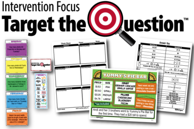 Product Image of Target the Question: Intervention Focus including Monday through Friday question examples, a Scenario example, answer key, student sheet, and problem solving poster. Update banner.